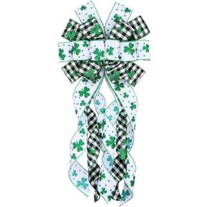 Large St. Patrick's Day Bows for Wreath, Black White Buffalo Plaid Bow Green Shamrock Wreath Bows Irish Holiday Burlap Tree Topper Bows for Front Door Saint Patrick's Day Decorations Supplies