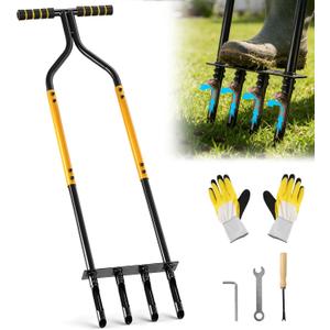 Knee-Friendly Manual Lawn Aerator Tool, 42.6-45 Inch Adjustable Height Core Aerator for Grass, Pre-Assembled Yard Aeration Tool with 4 Hollow Tines for Lawn Care and Compacted Soil