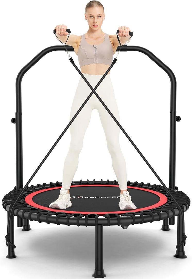 ANCHEER 40"/48" Foldable Mini Trampoline,Max Load 450lbs/550lbs Indoor Trampoline,with 4 Level Adjustable Foam Handle and Resistance Bands,Adult Exercise Trampoline for Home, Garden, and Gym (Red)