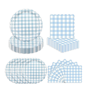 50 Pcs Blue Gingham Paper Plates and Napkins for Boy or Girl Themed Party, 7" Light White and Blue Birthday Party Scalloped Dessert Plate for Baby Shower, Birthday, Wedding Decoration