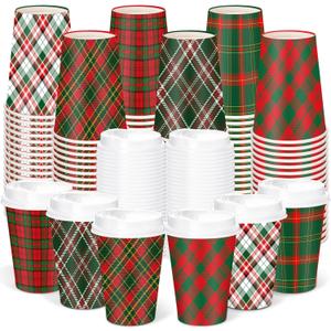 Yungyan 60 Sets Christmas Disposable Coffee Cups with Lids 12 oz Buffalo Plaid Paper Cups Xmas Hot Cocoa To-go Coffee Mug for Hot Cold Drinks Chocolate Tea Beverage Christmas Party Supplies