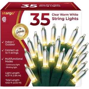 Clear Warm White Christmas Tree Lights - 6.3 ft String of 35 Incandescent Mini Bulbs Multifunctional Lighting Modes, for Decorative, Bedroom, Outdoor, Xmas Twinkle Lights with Green Wire, Total 6.6 ft