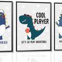 3Pcs Cartoon Dinosaur Wall Art Trio Set Music Sports Rock Themes Playful Canvas Prints Vibrant Color Posters Starry Gray Background Pictures Paintings for Kids Room Wall Decor Nursery Decoration Unframed