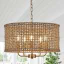 Hand-Woven Rattan Chandelier Vintage Farmhouse Boho Bamboo Golden Chandelier Light Fixture Retro 5-Lights Drum Wicker Gold Chandeliers for Dining Room, Kitchen Island, Living Room (Gold 19.7")