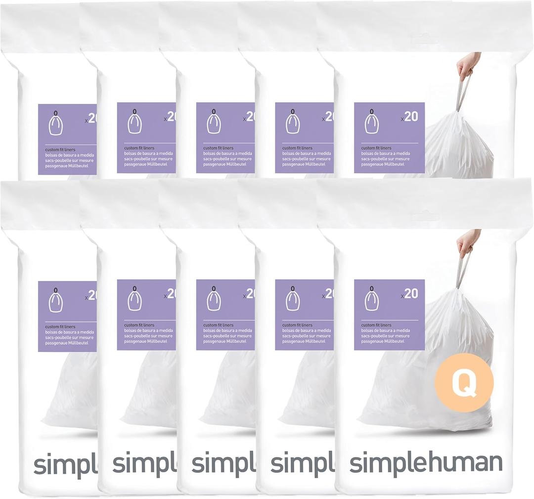 simplehuman Code Q 200 Count, Dispenser Pack Custom Fit Liners, Drawstring Trash Bags, 50-65 Liter / 13-17 Gallon, White
