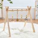 Foldable Wooden Baby Play Gym with 4 Sensory Hanging Toys, Montessori Infant Activity Frame for 0-12 Months | Solid pine safe gym with 4 sensory teething toys, foldable stable frame, boho nursery decor & perfect baby shower gift