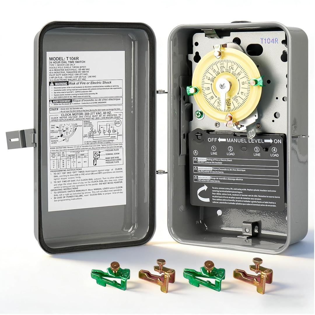 T104R 24-Hour Mechanical Time Switch, 208-277V, 40A, DPST, NEMA 3R Outdoor Steel Enclosure, Gray Heavy Duty Timer for Pool Pumps, Heaters, and Industrial Motors