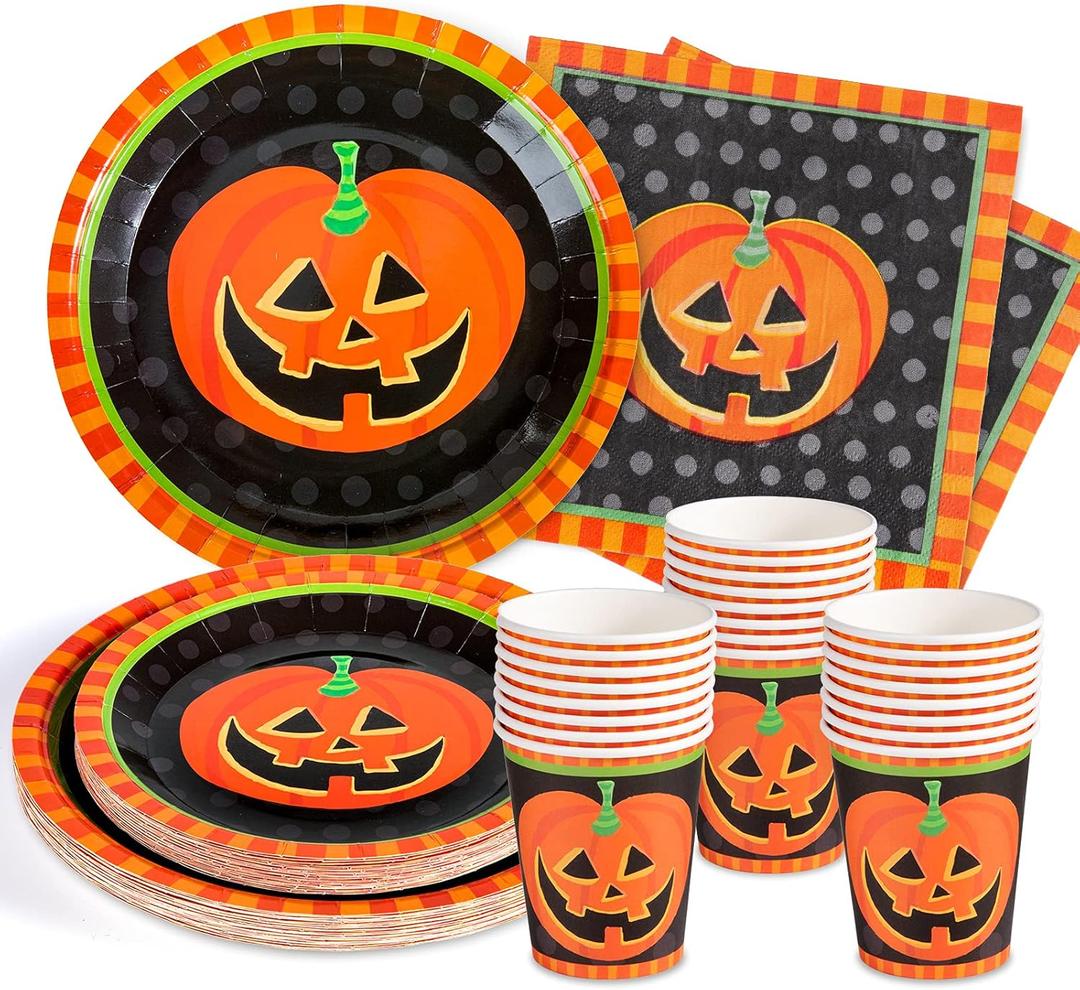Whaline 96Pcs Halloween Party Dinnerware Set Orange Black Pumpkin Themed Paper Plates Cups Napkins Halloween Disposable Tableware Supplies for Spooky Themed Birthday Party, Serves 24 Guests