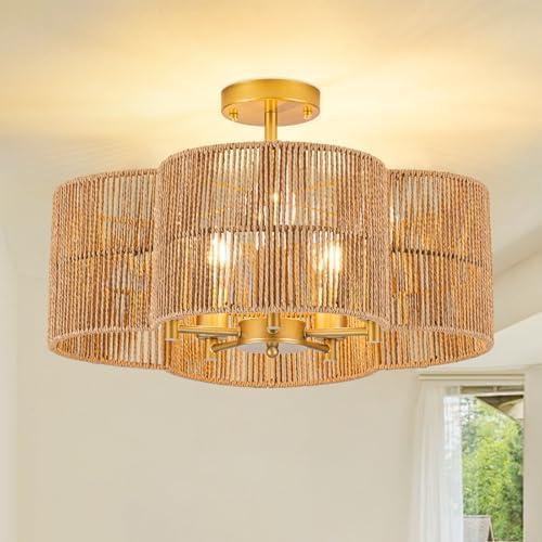 SYTPPLAN Boho Light Fixtures Ceiling Light, 5-Light 19" Rattan Semi Flush Mount Ceiling Light Fixture with Hand-Woven Shade, Farmhouse Chandelier for Hallway Living Room Bedroom Kitchen Island Entryway