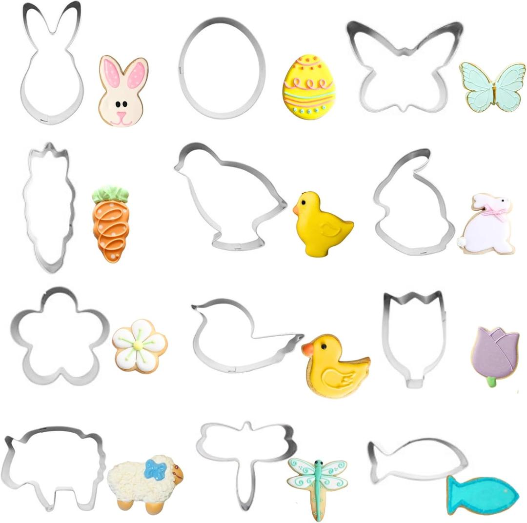 Mini Easter Cookie Cutters,12PCS Stainless Steel Cookie Cutters - Easter Egg,Chick,Butterfly,Flower,Bunny,Carrot,Fish and More