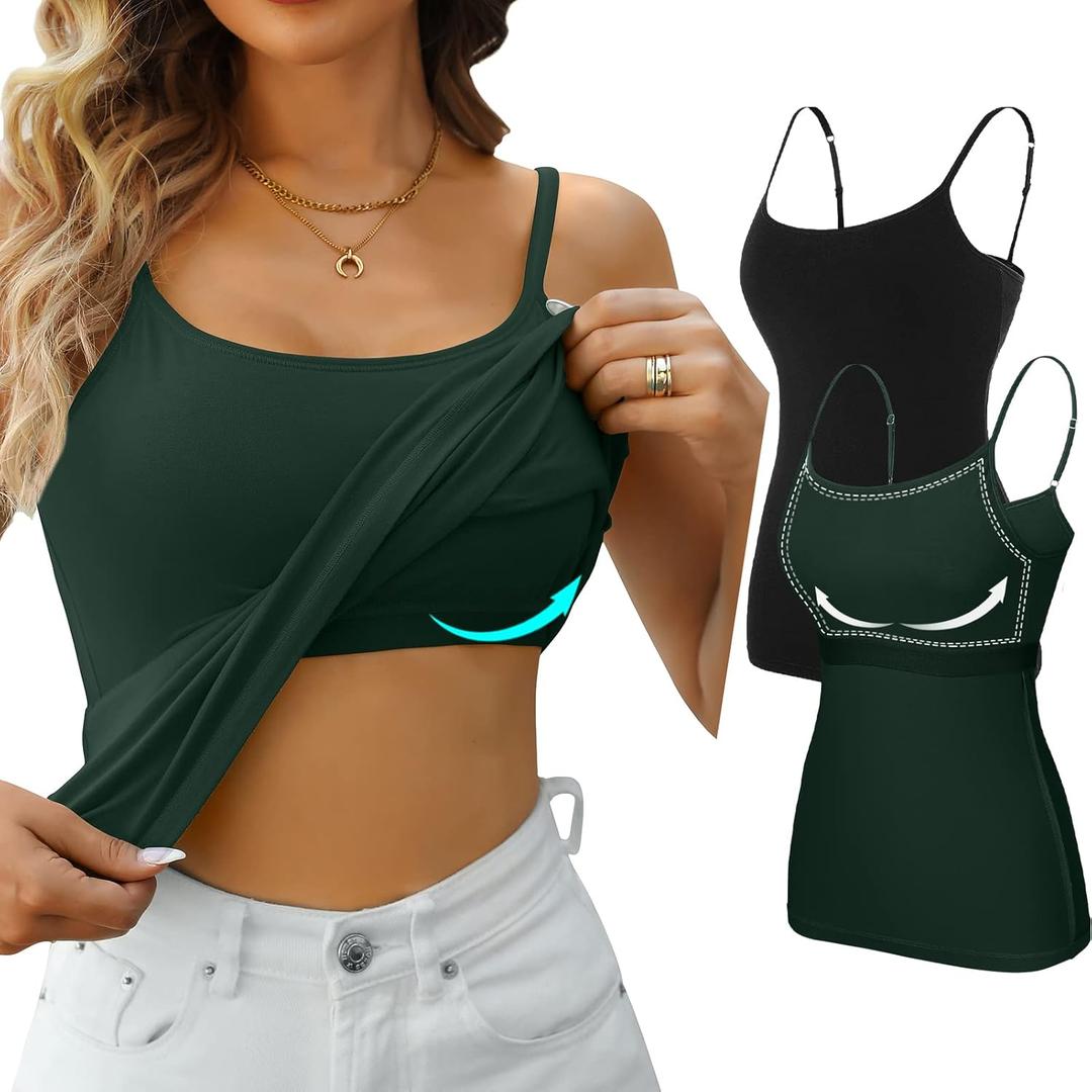 V FOR CITY Women's Shelf Bra Camisole Tops Adjustable Spaghetti Strap Cami Tank Cotton Undershirts 2 Pack (Medium, Black/Dark Green)
