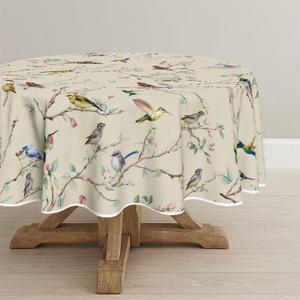 Horaldaily Spring Tablecloth Tablecloth 9090 Inch Round, Birds Branch Beige Floral Washable Seasonal Table Cover for Party Picnic Dinner Decor