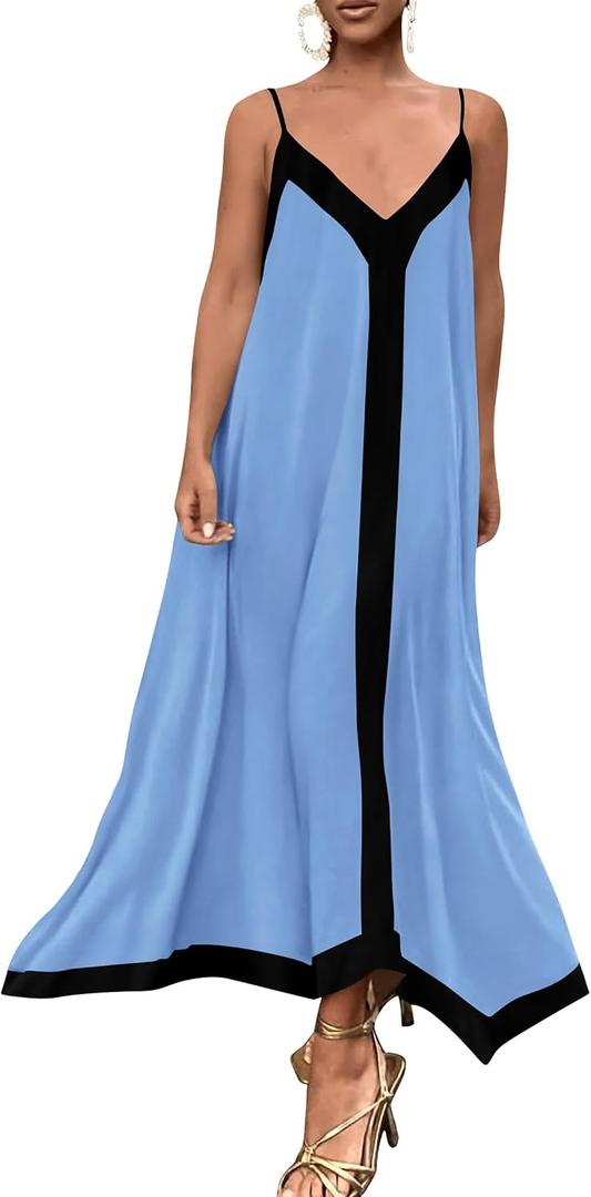 PRETTYGARDEN Womens Maxi Dress 2026 Summer Sundress V Neck Spaghetti Strap Flowy Elegant Party Dresses Beach Vacation Clothes (Blue, S)