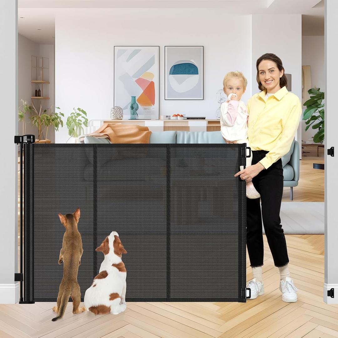 Reinforced 42 Inch Extra Tall Retractable Dog Gate with Reinforced Strips 55 Inch Wide Retractable Baby Gates for Doorways Anti-Scratch Extra Tall Dog Gate Outdoor Pet Gates for Dogs Indoor, Black