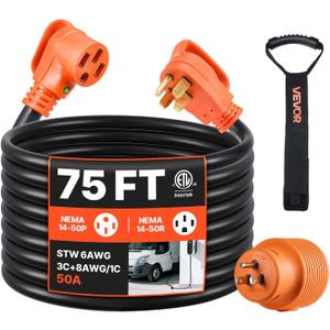 VEVOR 75 FT RV Extension Cord, 50 Amp, 125V/250V 7500W Heavy Duty STW 6/3 + 8/1 Gauge Wire, NEMA 14-50P Male NEMA 14-50R Female Plug, with LED Indicator, Handle, 15A Adapter for RV Trailer, ETL Listed