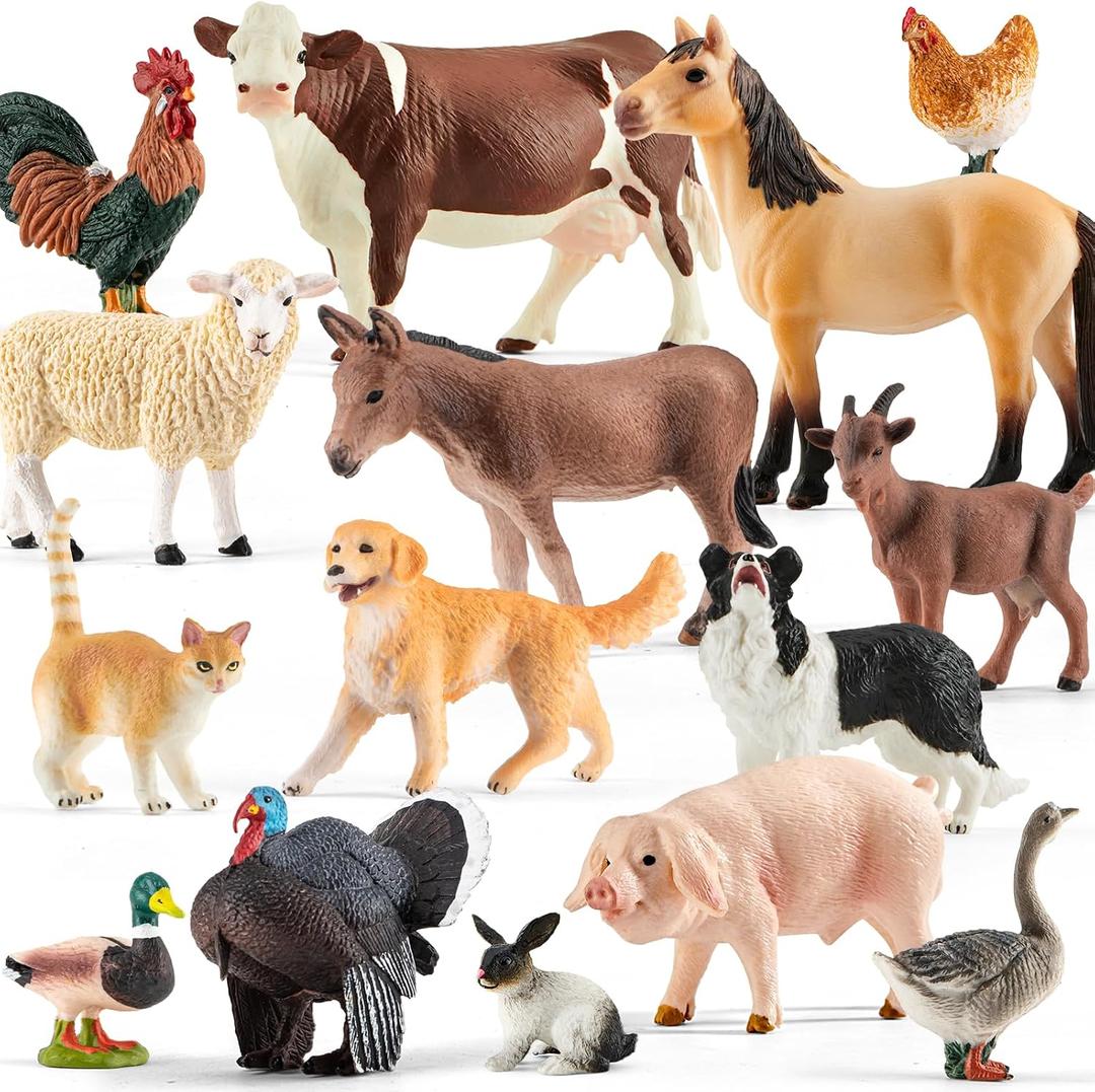 15 Pcs Farm Animal Toy for Toddler Kid, Plastic Toy Farm Animal Figure Set Playset Including Cow Horse Goat Sheep Pig Donkey Goose Duck Turkey Chicken Dog Cat Rabbit for Kid Age 3-5 5-7