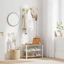 Hall Tree with Bench and Shoe Storage, 3-in-1 Coat Rack Shoe Bench, Freestanding Wooden Coat Rack with Metal Frame, 3-Tier Storage Shelf and 9 Removable Hooks, White/Walnut