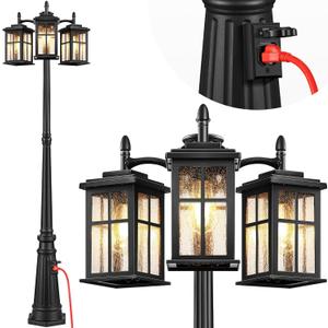 VIANIS 3-Head Outdoor Lamp Post Light with Outlet, Black Dusk to Dawn Outdoor Post Lights Hard Wired for Garden, Waterproof Triple-Head Outside Street Lamp Post Sconce for Yard Backyard Doorway House