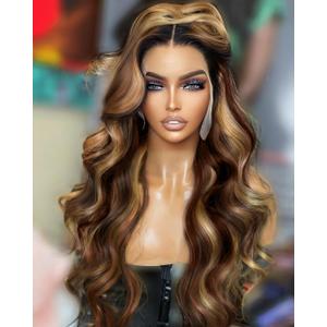 Synthetic Lace Front Wig 13x6 HD Lace Wig Highlight Brown Mix Blonde Body Wave 100% Futura Premium Wigs For Women 28 Inch Pre Plucked Ready Wear Wig Friendly Daily Party Use