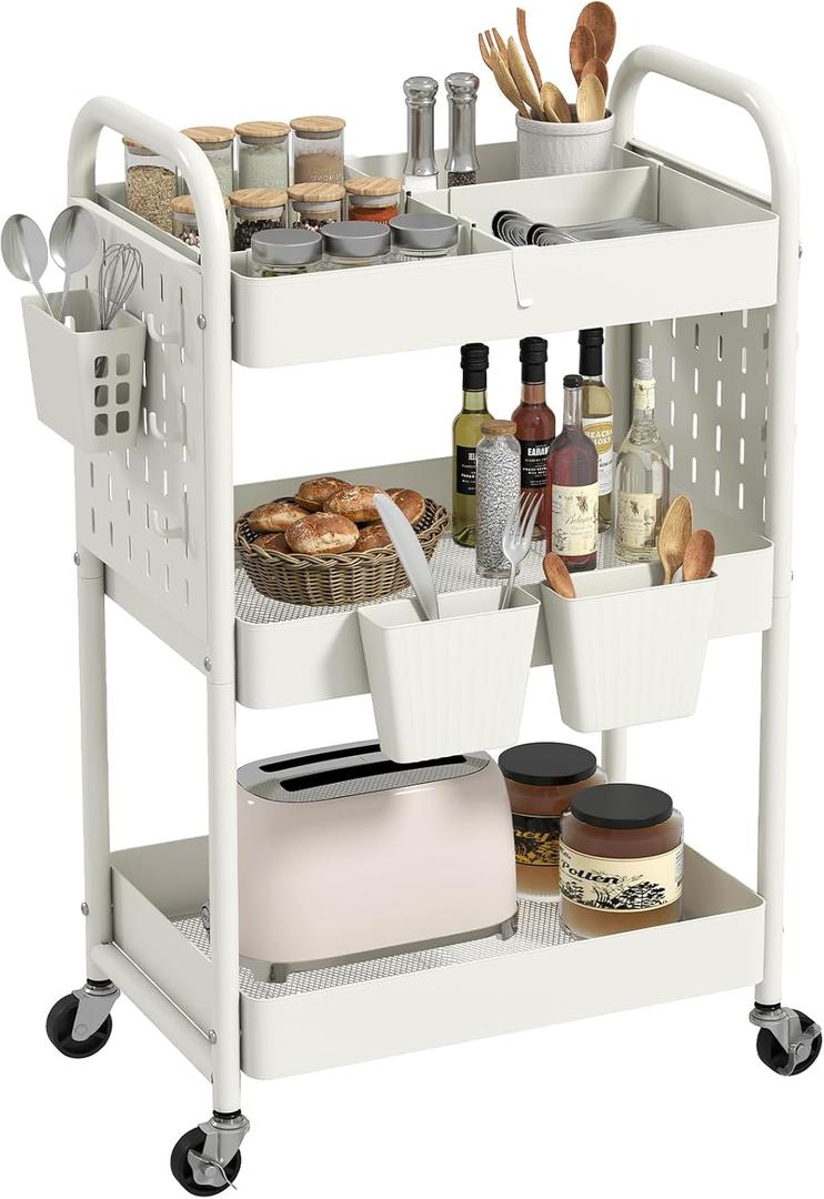 danpinera 3 Tier Rolling Cart with Retractable Dividers, Multi-Functional White Rolling Utility Cart with Pegboards, Hooks & Hanging Cups for Nursery, Living Room, Studio