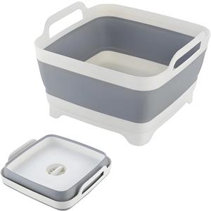 Collapsible Dish Basin with Drain Plug, 9L 2.4 Gallon Portable Wash Basin Dishpan Space Saving Dish Washing Tub Foldable Sink Tub Kitchen Storage Tray Grey (Gray)