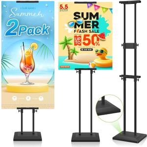 2 Pack Heavy Duty Poster Stand for Display, Sign Board Holder Banner Floor Stand 0.8in Thick Strong Base Black Pedestal Adjustable Height Up to 75in for Wedding, Restaurant, Business
