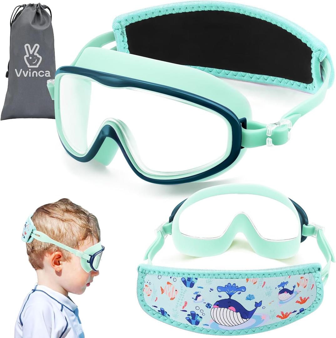 Vvinca Kids Swim Goggles with Fabric Strap No Tangle Pain-Free, Anti-Fog Swimming Pool Goggle No Leak for Toddlers Girls Boys (14-whale Blue)