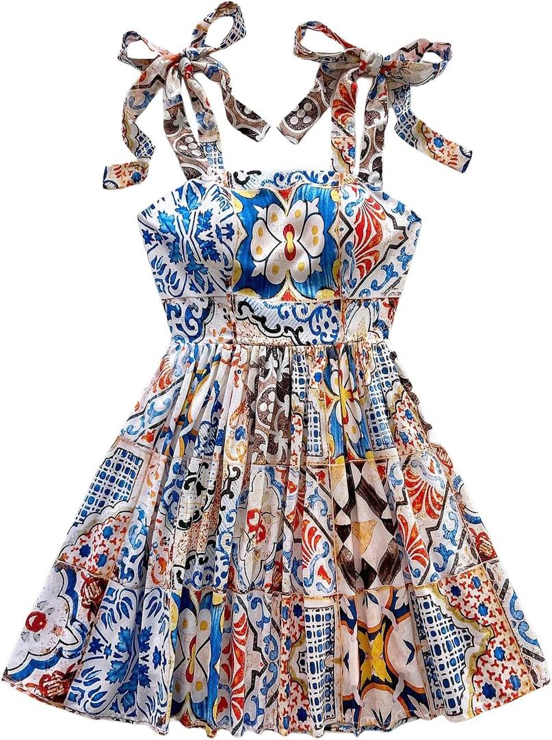 Floerns Women's Summer Floral Print Tie Shoulder Cami Dress Flare Hem Boho Mini Dress (Medium, Blue Khaki Multi)