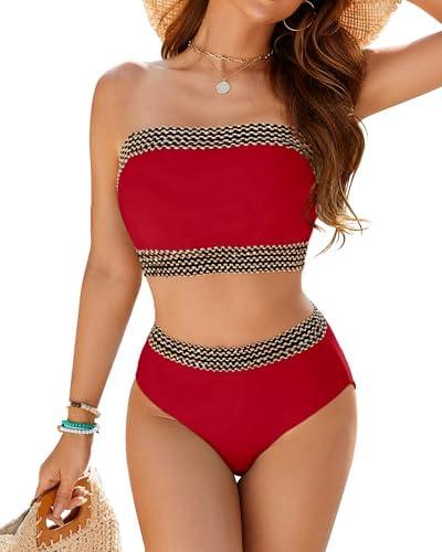 Jolefille Strapless Swimsuits for Women - Two Piece High Waisted Bikini Sets Tummy Control Bathing Suit Bandeau Bikini Top, S Jolefille Strapless Swimsuits for Women - Two Piece High Waisted Bikini Sets Tummy Control Bathing Suit Bandeau Bikini Top, S