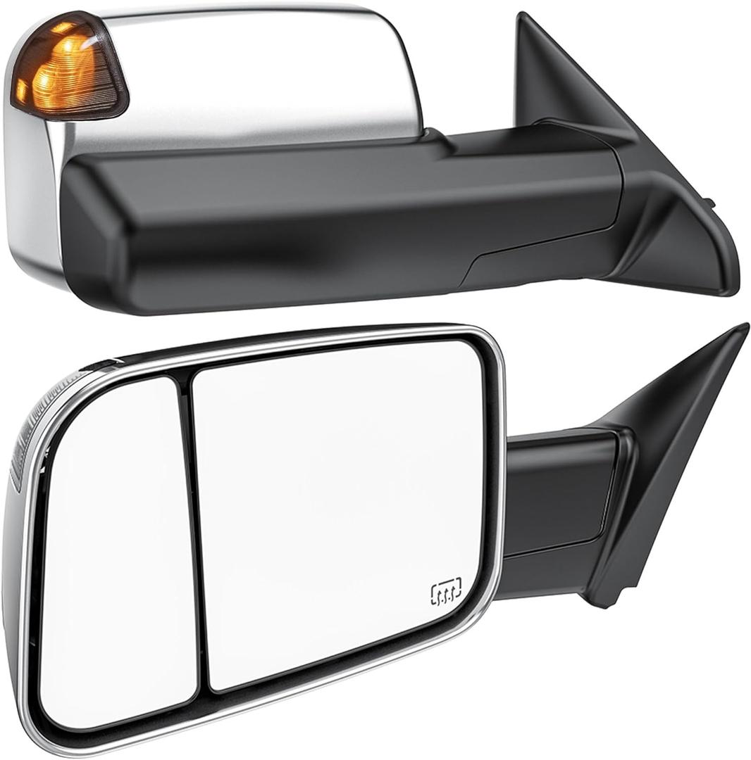 Smoked Power Heated Tow Mirrors Compatible with Dodge Ram 1500 2002-2008, 2500 3500 2003-2009, Flip Up Extended Trailer Towing Side Mirrors, Chrome Housing