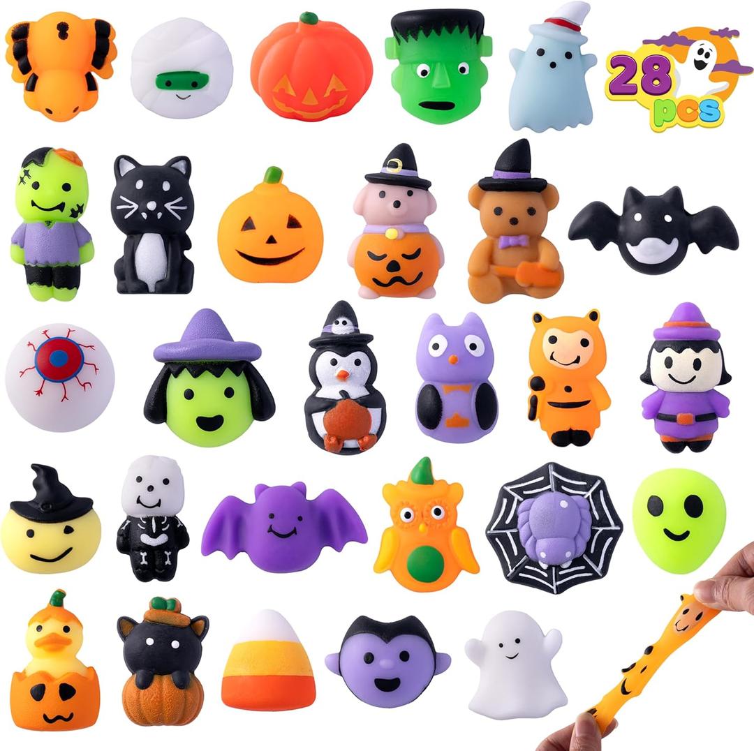 JOYIN 28 Pcs Halloween Mochi squishy toys, Halloween Sensory Stress Relief Toys bulk for Halloween Party Favors, Trick or Treats Classroom Prizes Gifts Goodie Bag Fillers