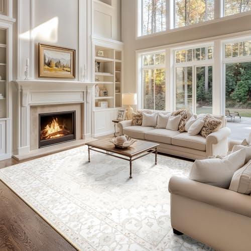 Washable 5x7ft Area Rugs, Rugs for Living Room, Low-Pile Water&Stain Resistant Carpet Vintage Distressed Printed Non-Slip Carpet for Bedroom Bathroom Kitchen-Cream White