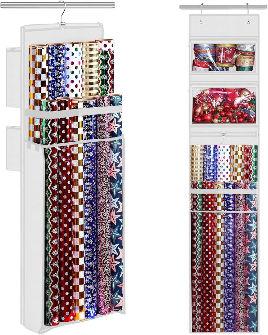 Wrapping Paper Organizer Storage, Double-Sided Hanging Gift Wrap Roll Holder for Christmas, 63"x13" Over Door Present Bag Container for Room Closet, White Wrapper Station for Birthday