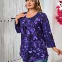 Plus Size Tunic Tops for Women 3/4 Sleeve Tunics Loose Fit Shirt Crew Neck Pleated Solid Casual Dressy Blouses (Purple, XXL)