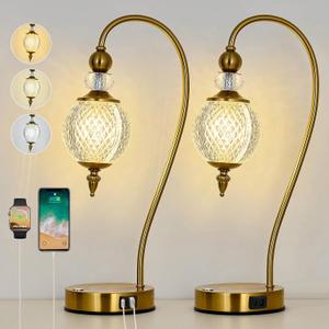 Vintage Table Lamp for Bedroom Set for 2 Mid Century Bedside Lamp with USB A and C Ports with Globe Shade Gold Night Stand Lamp for Office Living Room Reading Entryway