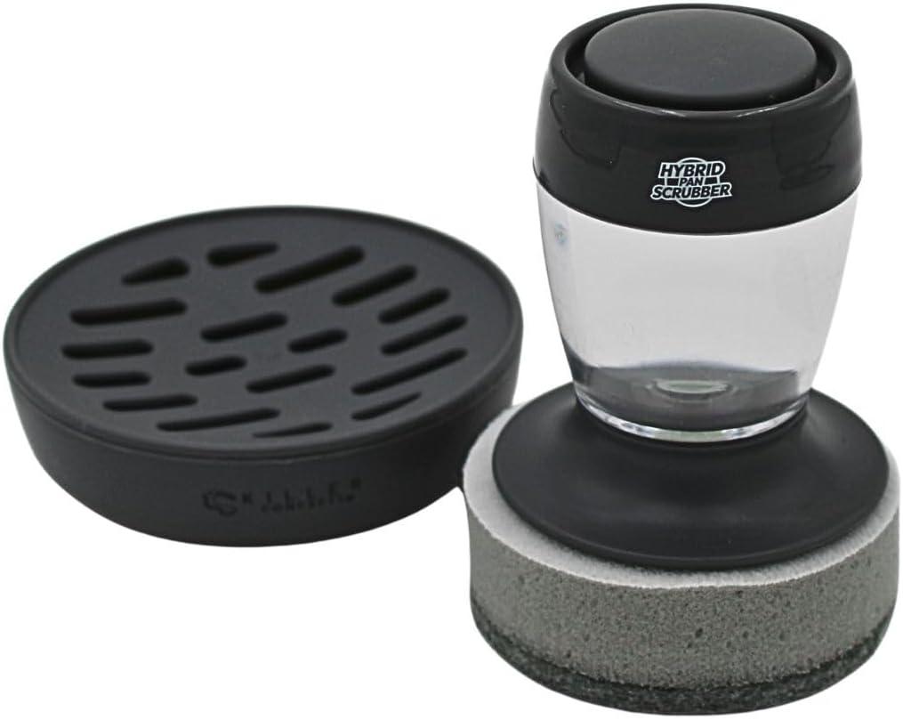 Stainless Steel & Hybrid Cookware Scrub & Polisher with Soap-Dispensing Handle, Dual-Layer DuoPad & Drydock Tray. Refillable, Ergonomic, Safe for All Hybrid and Stainless Steel Cookware
