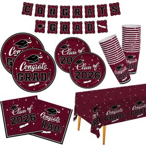 Graduation decorations 2026 Maroon Congrats Grad Party Dinnerware Set Disposable Paper Plates Napkins Cups Tablecloth Banner for Congrats Graduation Decorations 2026 deals, Serve 25