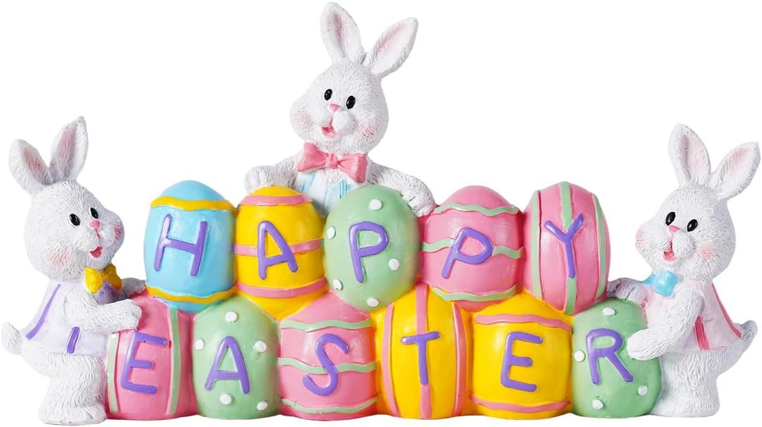 3 Bunny Holding Eggs and Happy Easter Decorations, Resin Easter Bunny Rabbits Figurine Tabletop Centerpiece for Spring Decor Easter Home Office Party Decor