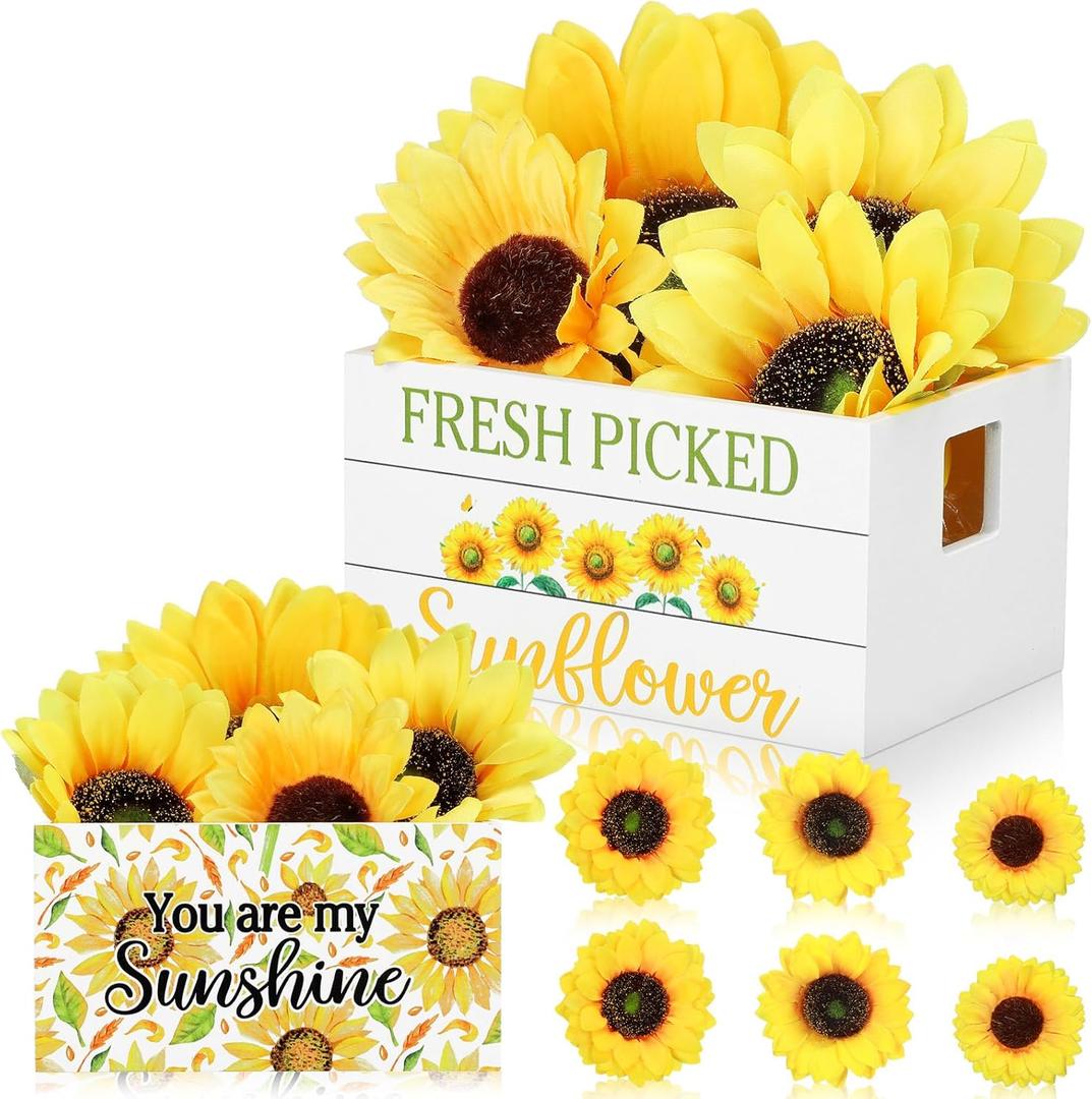 Marsui Summer Tiered Tray Decor Sunflower Mini Wooden Crate with 6 Artificial Sunflowers Farmhouse Rustic Table Decor for Home Kitchen Party Centerpiece