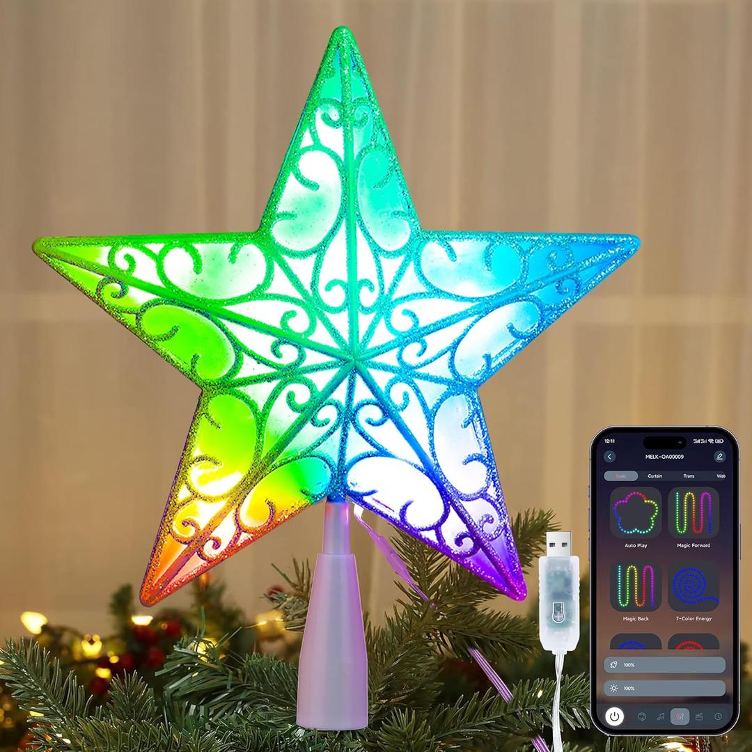 Brizled Smart Christmas Star Tree Topper, 9" 11 LED 200+ Dynamic Modes RGB 3D Star Treetop Bluetooth App Control, Color Changing USB Christmas Tree Topper, Music Sync Tree Top Star for Xmas Holiday