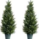 3 Feet Outdoor Artificial Topiary Cedar Tree, Set of 2 UV Resistant Potted Faux Cedar Trees for Outdoors and Indoors, Decorative Fake Shrubs Topiary Trees for Home Living Room Front Door Decor (Green)