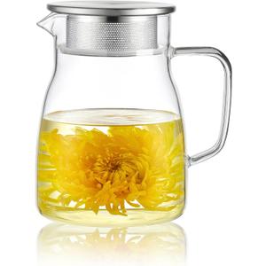 CNGLASS One-Touch Glass Teapot, 27oz(800ml) Glass Tea Kettle with Stainless Steel Filter Lid, Stovetop Safe Loose Leaf Tea Maker