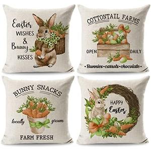 JOJOGOGO Bunny Easter Throw Pillow Covers 18x18 Set of 4 Carrot Easter Decorations Farmhouse Spring Pillow Covers Home Decor for Couch Sofa Porch