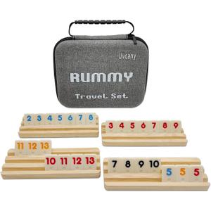 Mini Travel Rummy Cube Set with 4 Wooden Racks, 106 Rummy Cube Game Tiles with Portable Case for Family Classic Board Games - Travel Edition