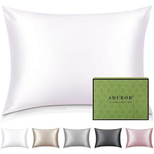 Adubor 100% Silk Pillowcase - Mulberry Silk Pillow Cases, 22 Momme 6A Grade Fibers, Silk Pillow Case for Hair and Skin Health, with Hidden Zipper (Standard 20''×26'', White, 1PC)