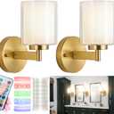 Battery Operated Wall Sconce Set of 2, Wireless Wall Sconce with Remote,10000mAh Rechargeable RGB Dimmable Bathroom Light Fixtures with Double Clear Glass Shade NOT Hardwired (Brass)