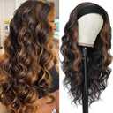 Long Wavy Headband Wig for Women Black Wigs with Brown Blonde Highlight 200% Denisty Headband Wigs Put On and Go Glueless Wig Long Synthetic Wig for Women Party Daliy Use