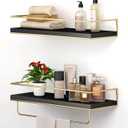 Shario Floating Shelves - Set of 2, Wall Mounted Hanging Shelves with Golden Towel Rack, Decorative Storage Shelves for Bathroom, Kitchen, Living Room & Bedroom (Black Gold, 15.7 Inches)