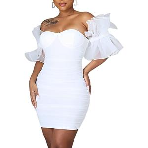Sexy White Dresses for Women Bodycon Off Shoulder Short Mesh Sleeve Cocktail Party Dress White, Size M