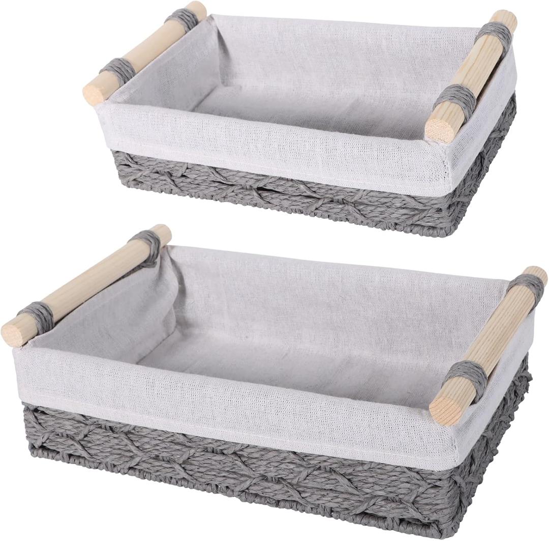 Paper Rope Wire Storage Basket for Shelves, Organizing Stackable Large and Small Woven Basket Toilet Tank Paper Baskets for Dressing/Night Table,Cabinets,Bathroom,Bedroom,Living Room Home Decor Grey 